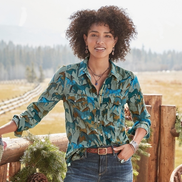 Sundance Tops - Sundance Button Down Shirt Small Green Horse Print Western Snap Cotton